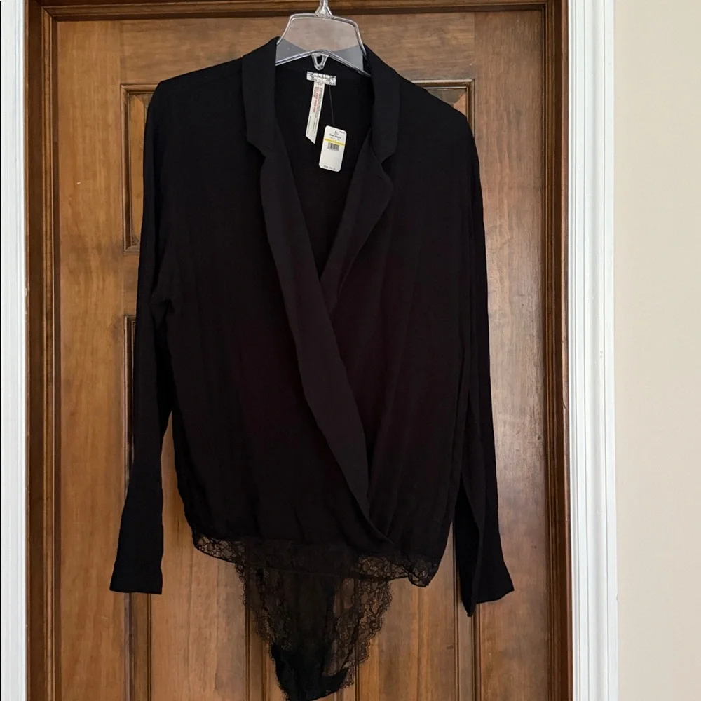 Free People Intimately Elsa Bodysuit Black Lace Surplice Bodysuit M Black NWT